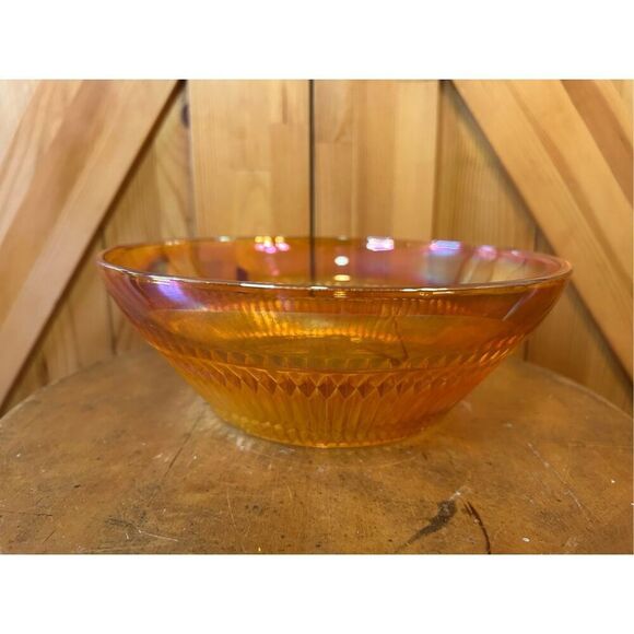 Jeanette Anniversary Serving Bowl Marigold Carnival Glass Iridescent Vintage (84 - Picture 2 of 11